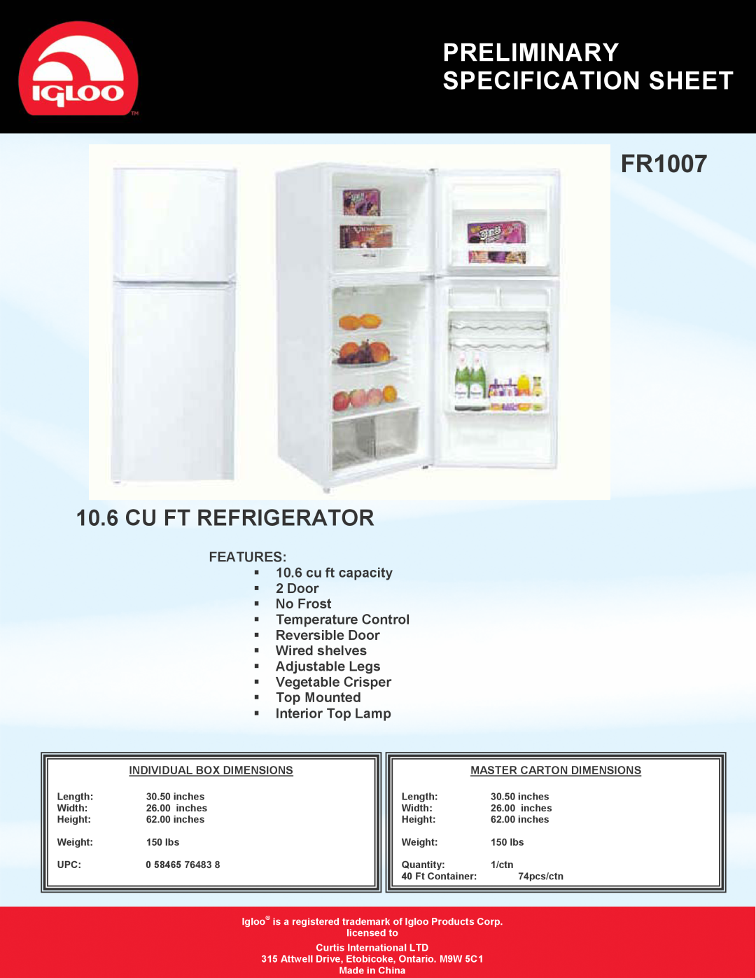 Curtis FR1007 specifications Preliminary Specification Sheet, Cu Ft Refrigerator, ƒTemperature Control ƒReversible Door 