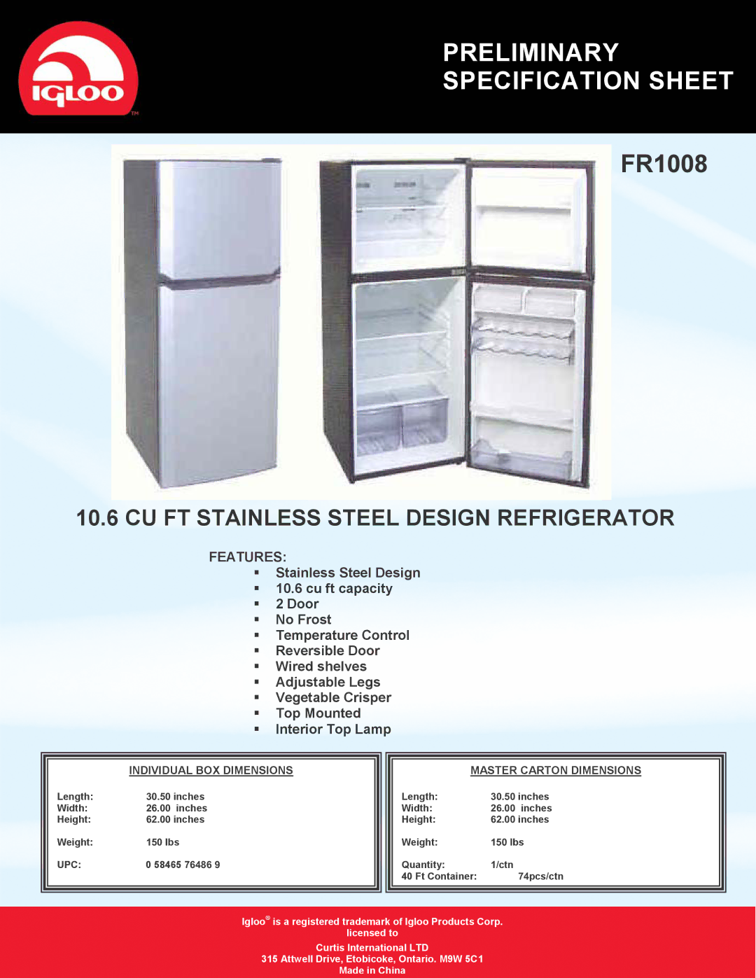 Curtis FR1008 specifications Preliminary Specification Sheet, CU FT Stainless Steel Design Refrigerator, Features 