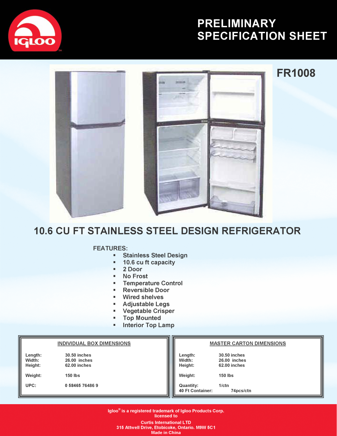 Curtis FR1008 specifications Preliminary Specification Sheet, Cu Ft Stainless Steel Design Refrigerator, Made in China 