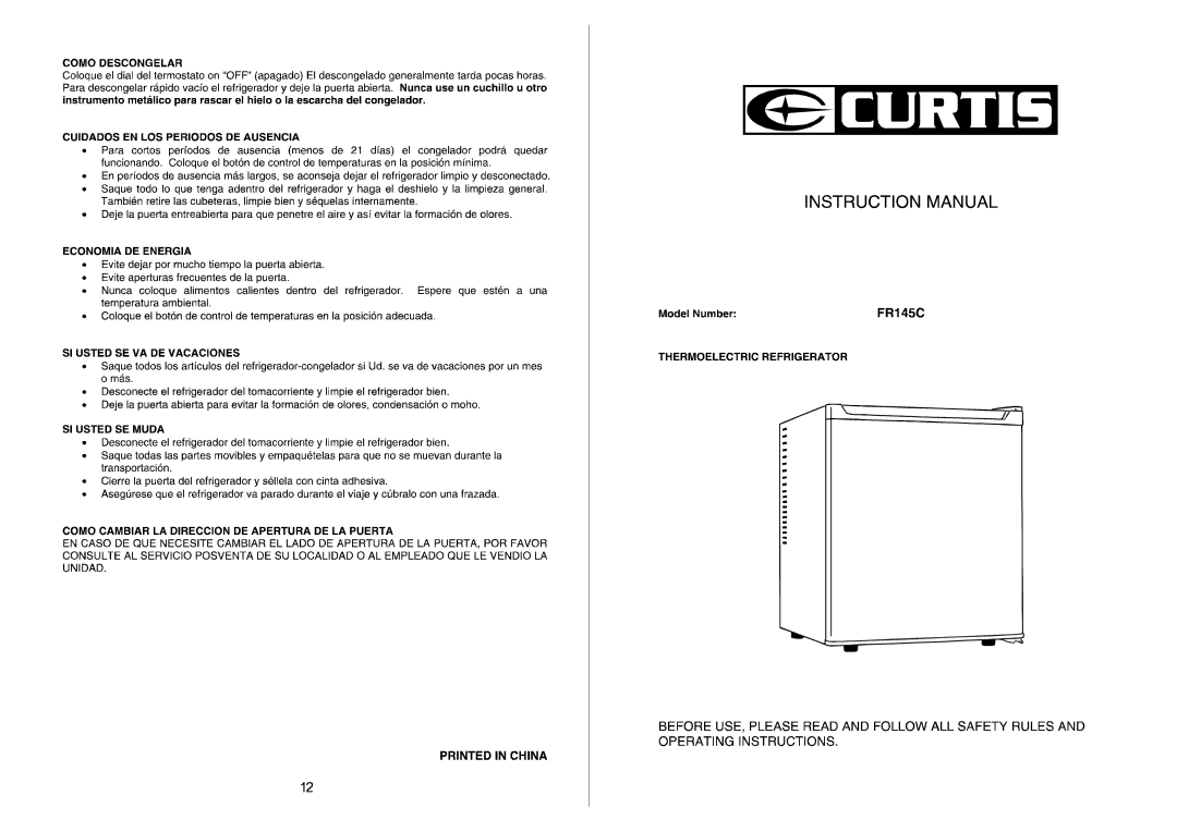 Curtis FR145C manual 