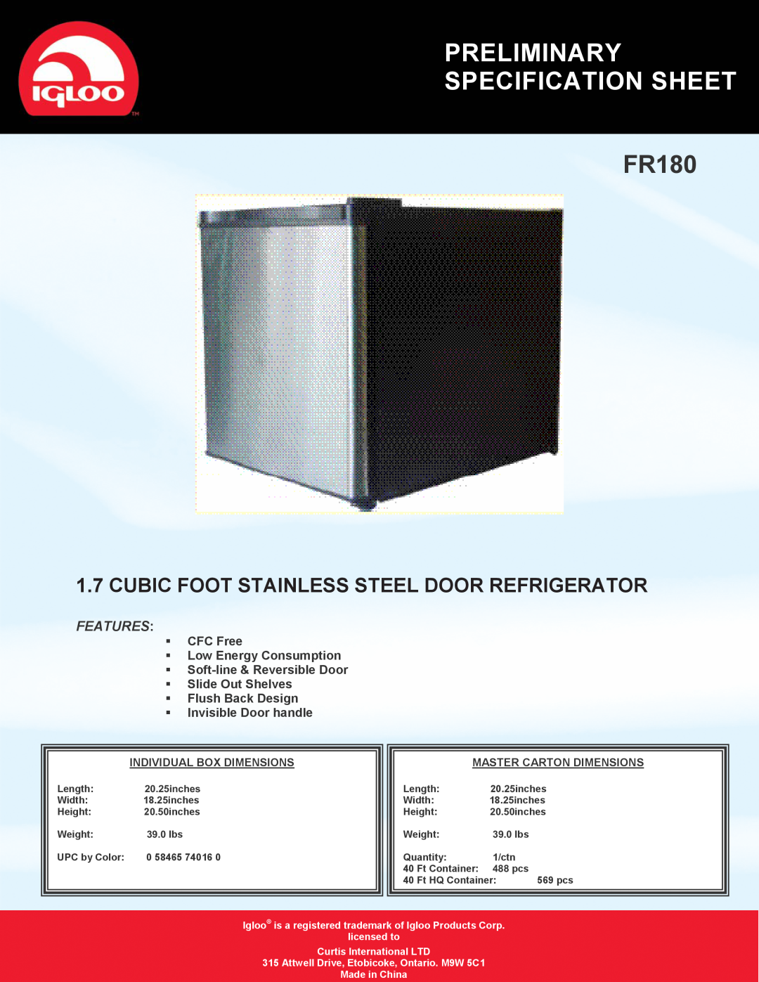 Curtis FR180 specifications Preliminary Specification Sheet, Cubic Foot Stainless Steel Door Refrigerator, Features 