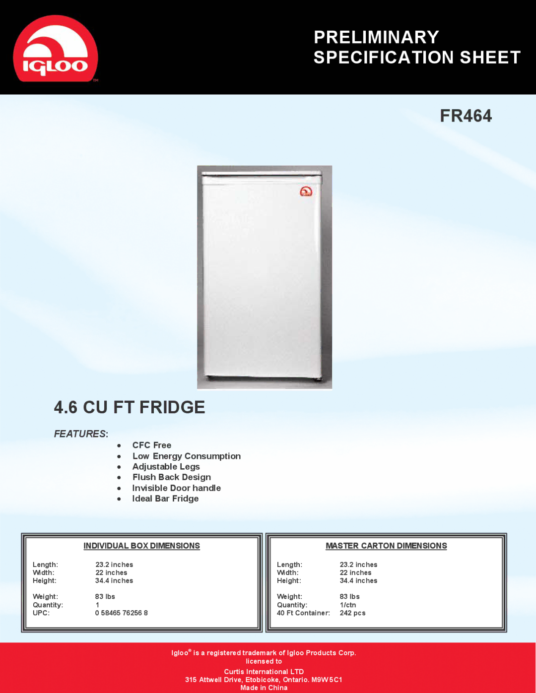 Curtis FR464 specifications Preliminary Specification Sheet, CU FT Fridge, Features, Upc 