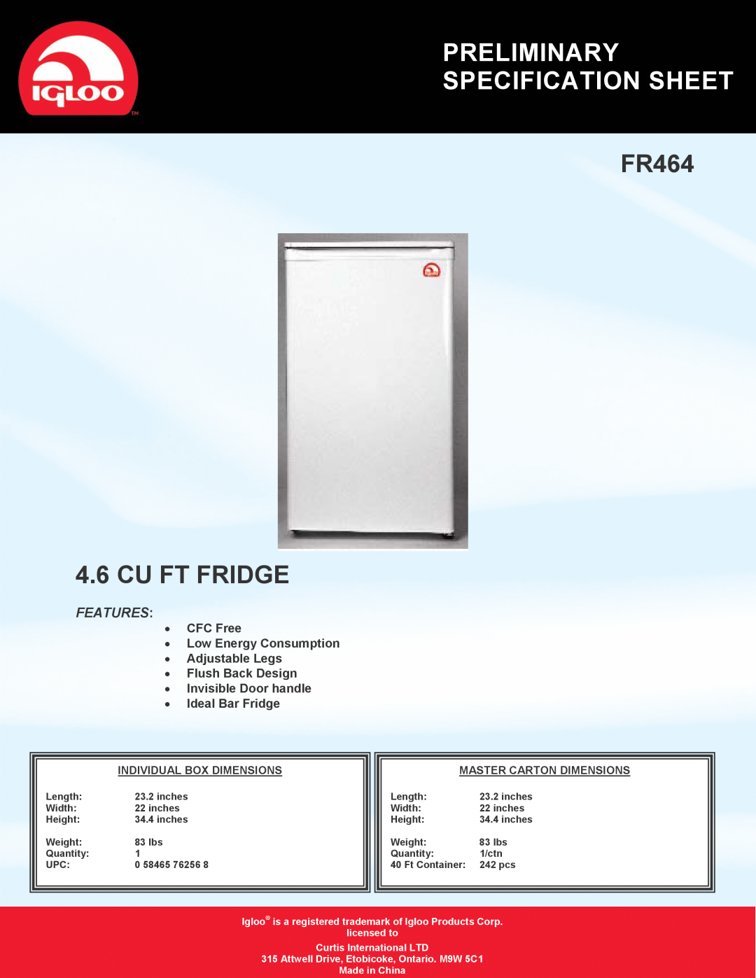 Curtis specifications Preliminary Specification Sheet, FR464 4.6 CU FT FRIDGE, Features, Individual Box Dimensions 