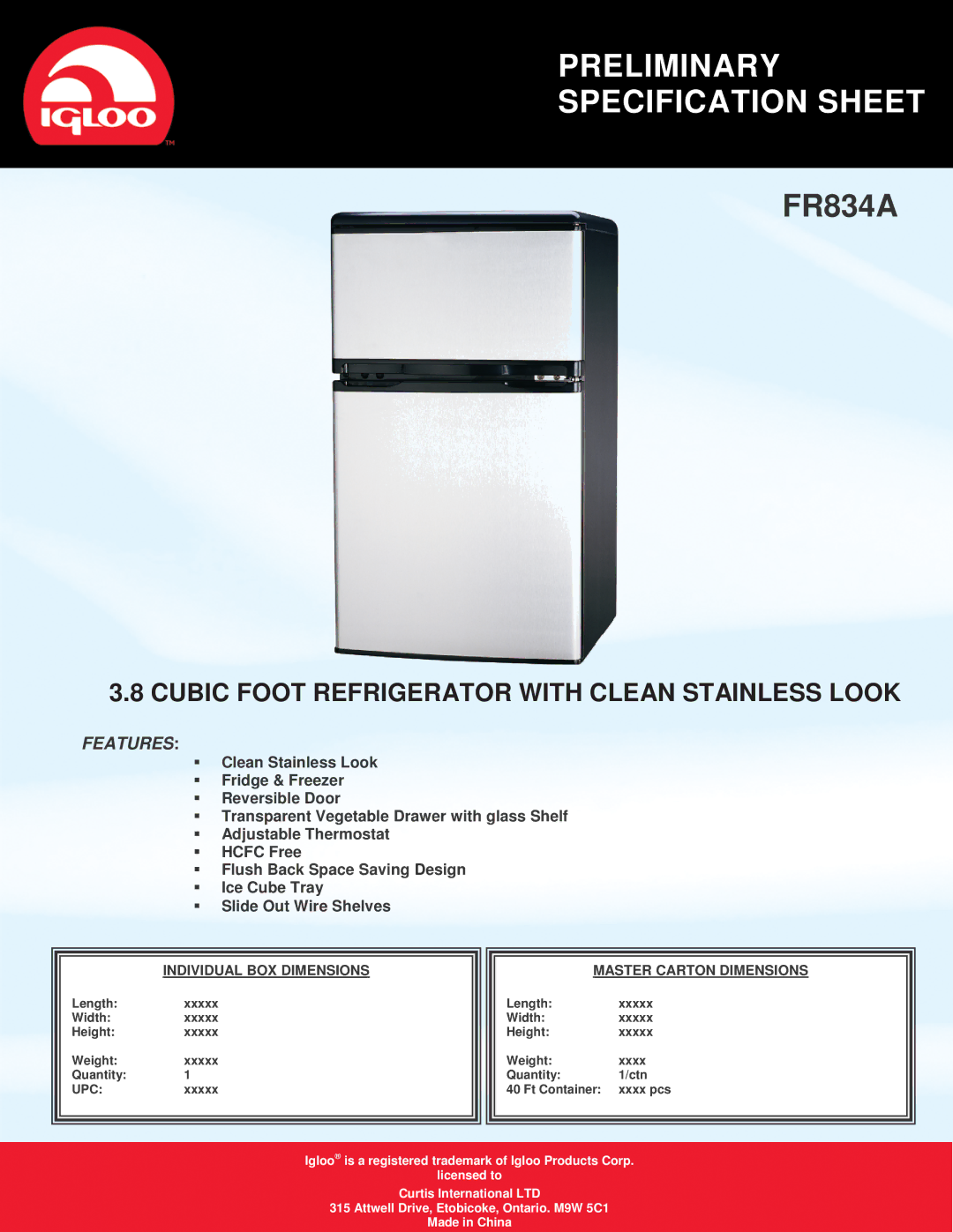 Curtis FR834A specifications Preliminary Specification Sheet, Cubic Foot Refrigerator with Clean Stainless Look, Features 