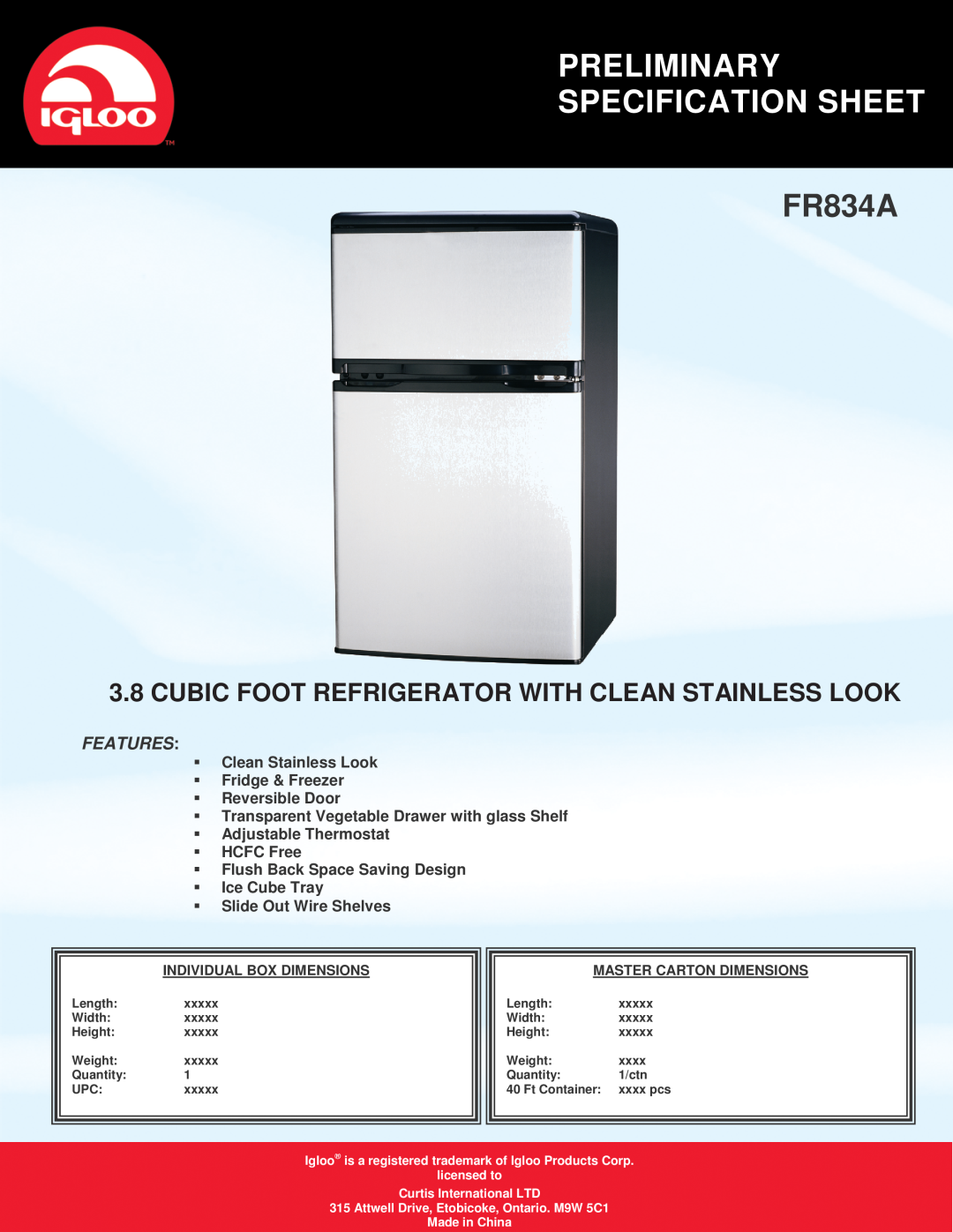 Curtis FR834A specifications Preliminary Specification Sheet, Features 