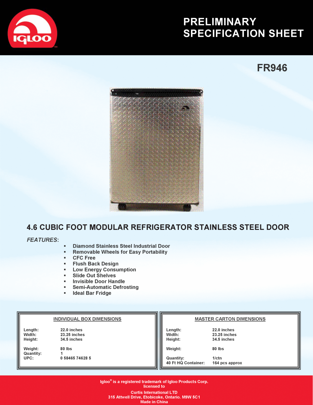 Curtis FR946 specifications Preliminary Specification Sheet, Features 