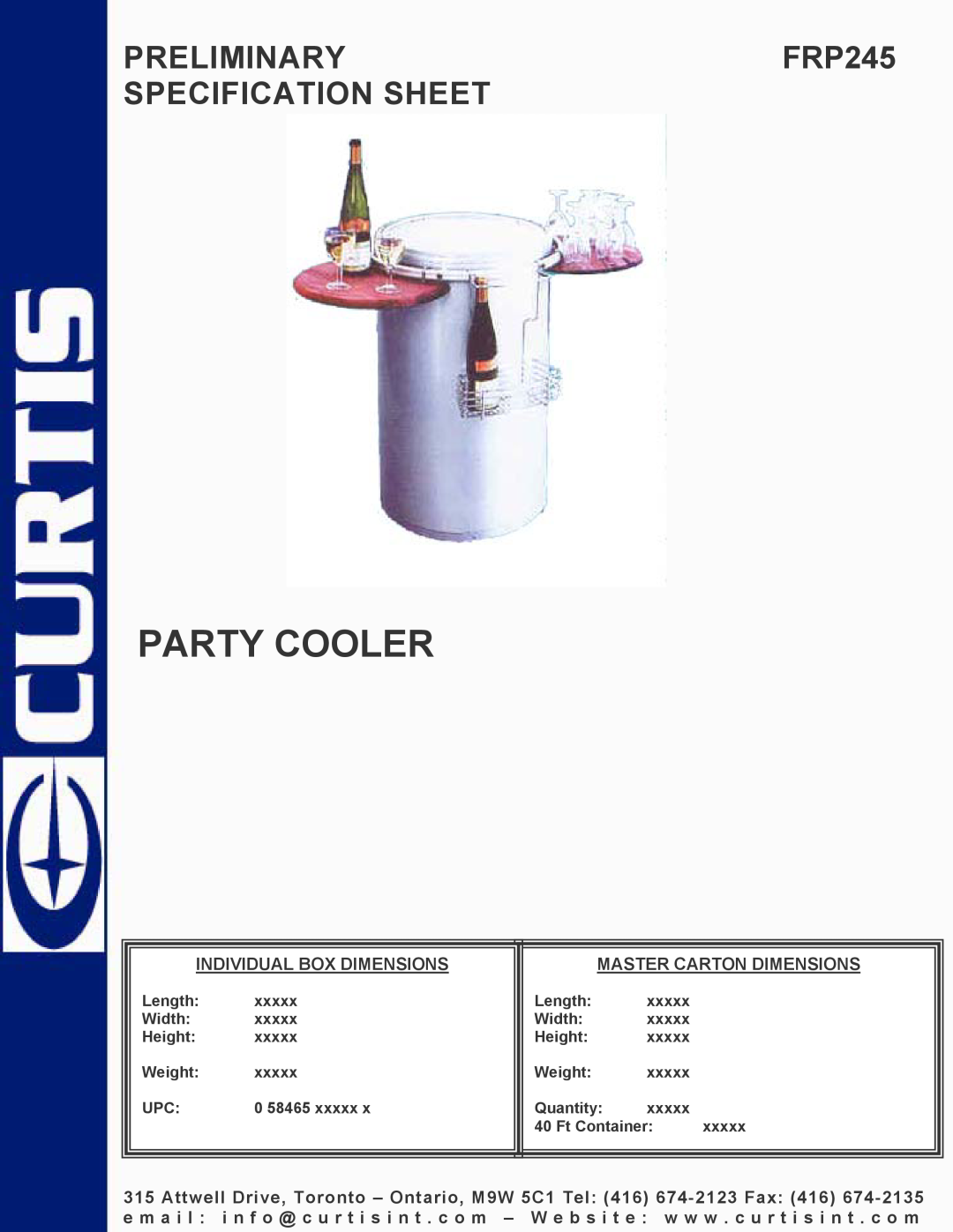 Curtis specifications Party Cooler, PRELIMINARYFRP245 SPECIFICATION SHEET 