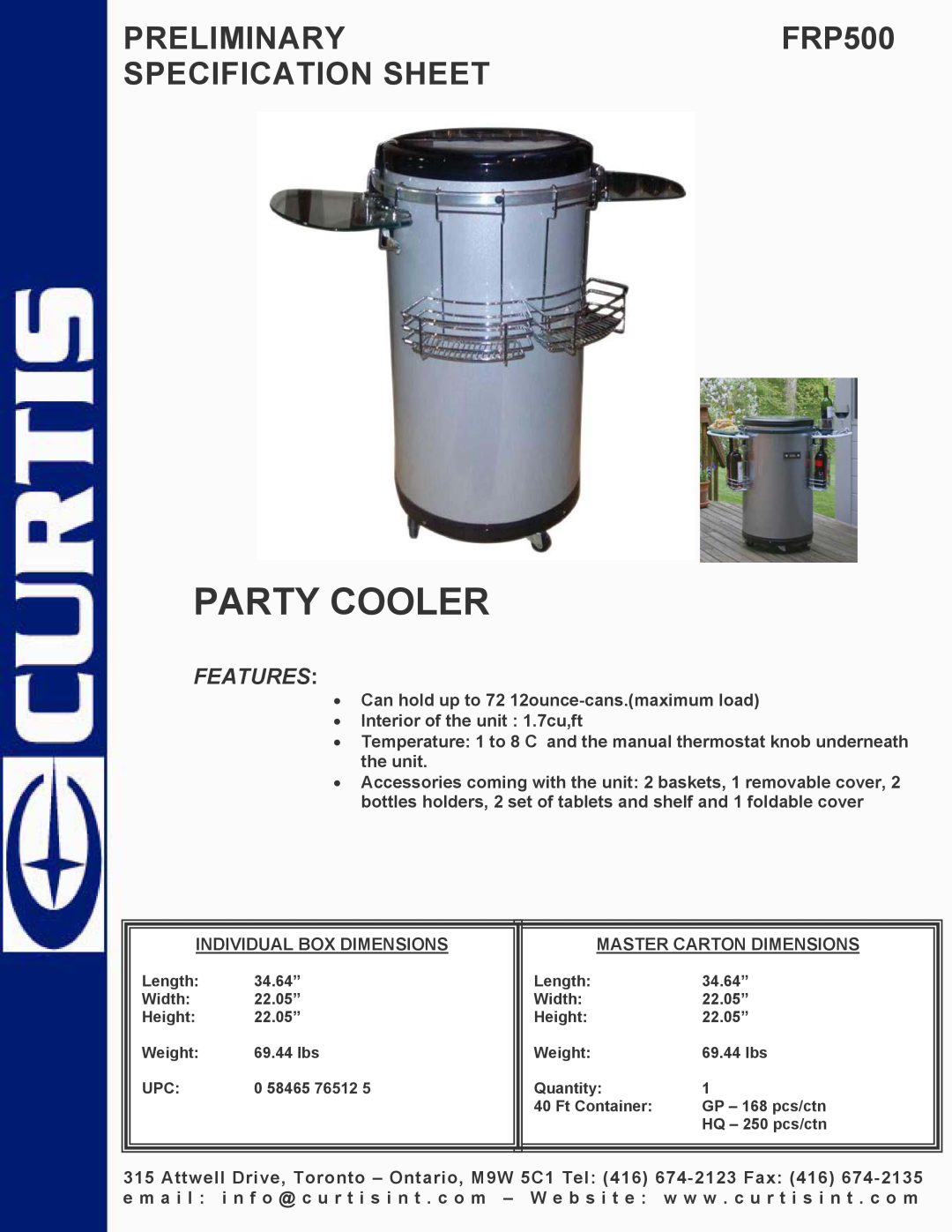 Curtis specifications Party Cooler, PRELIMINARYFRP500 SPECIFICATION SHEET, Features 