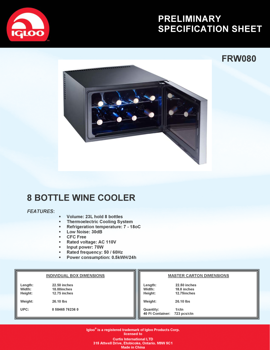 Curtis specifications Preliminary Specification Sheet, FRW080 8 BOTTLE WINE COOLER, Features 