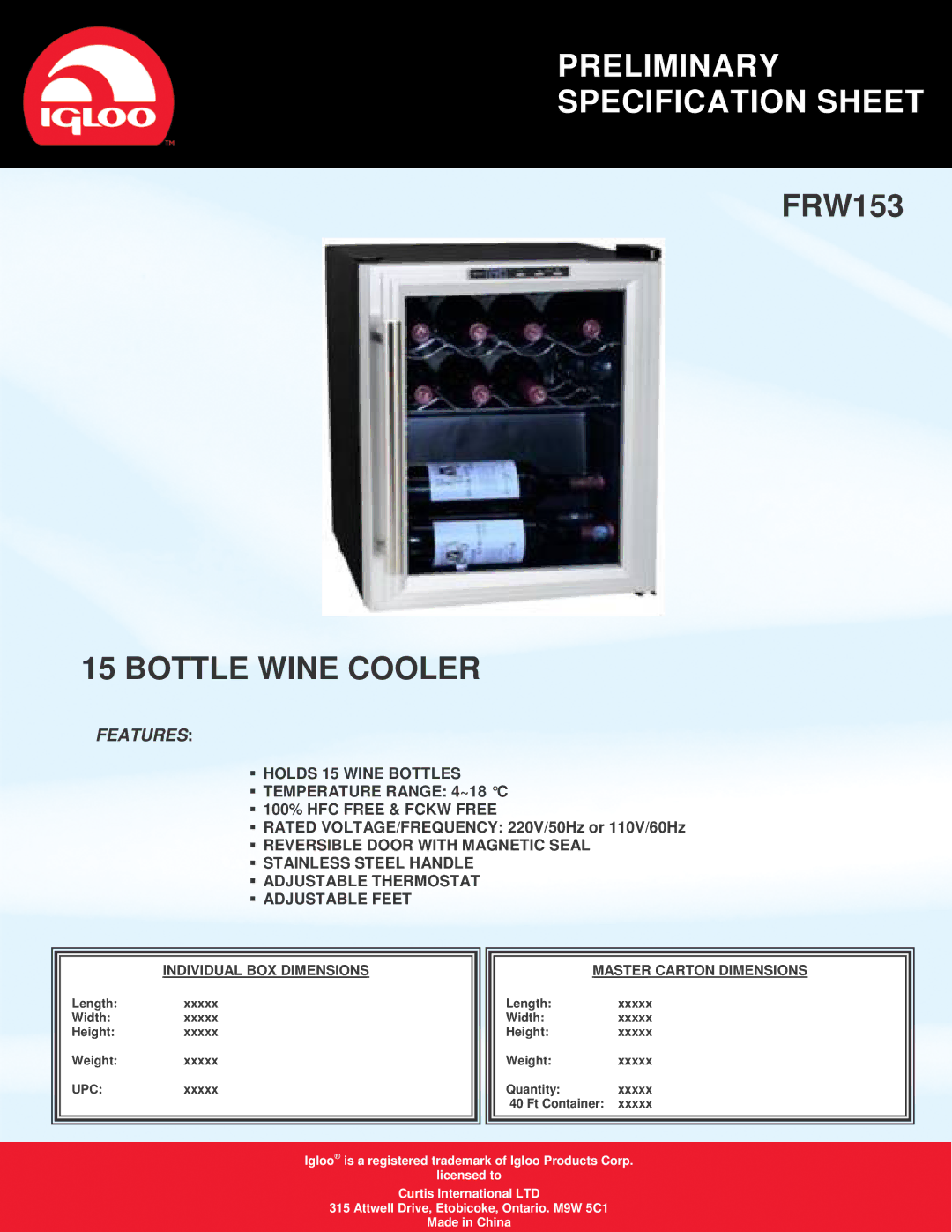 Curtis FRW153 specifications Preliminary Specification Sheet, Bottle Wine Cooler, Features, Upc 