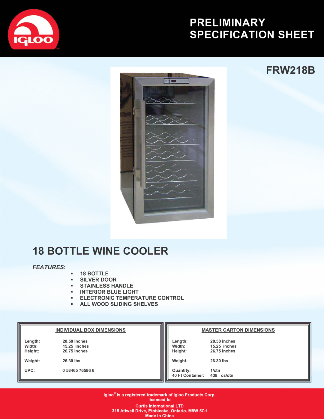 Curtis specifications Preliminary Specification Sheet, FRW218B Bottle Wine Cooler, Features, Upc 