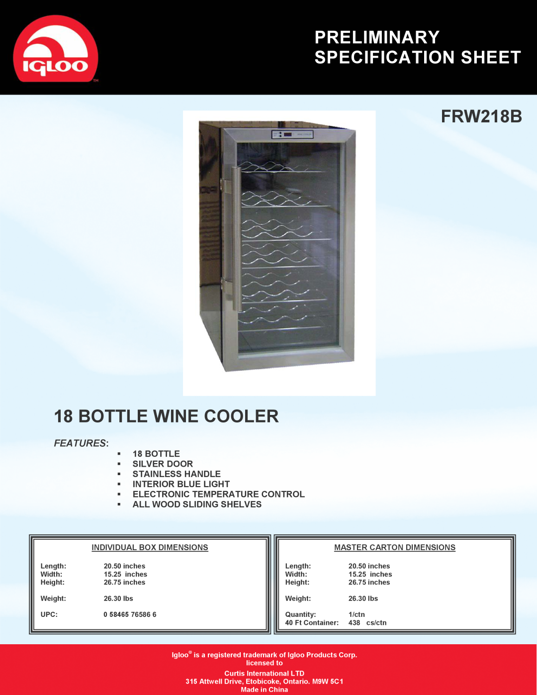 Curtis specifications Preliminary Specification Sheet, FRW218B 18 BOTTLE WINE COOLER, Features, ƒInterior Blue Light 