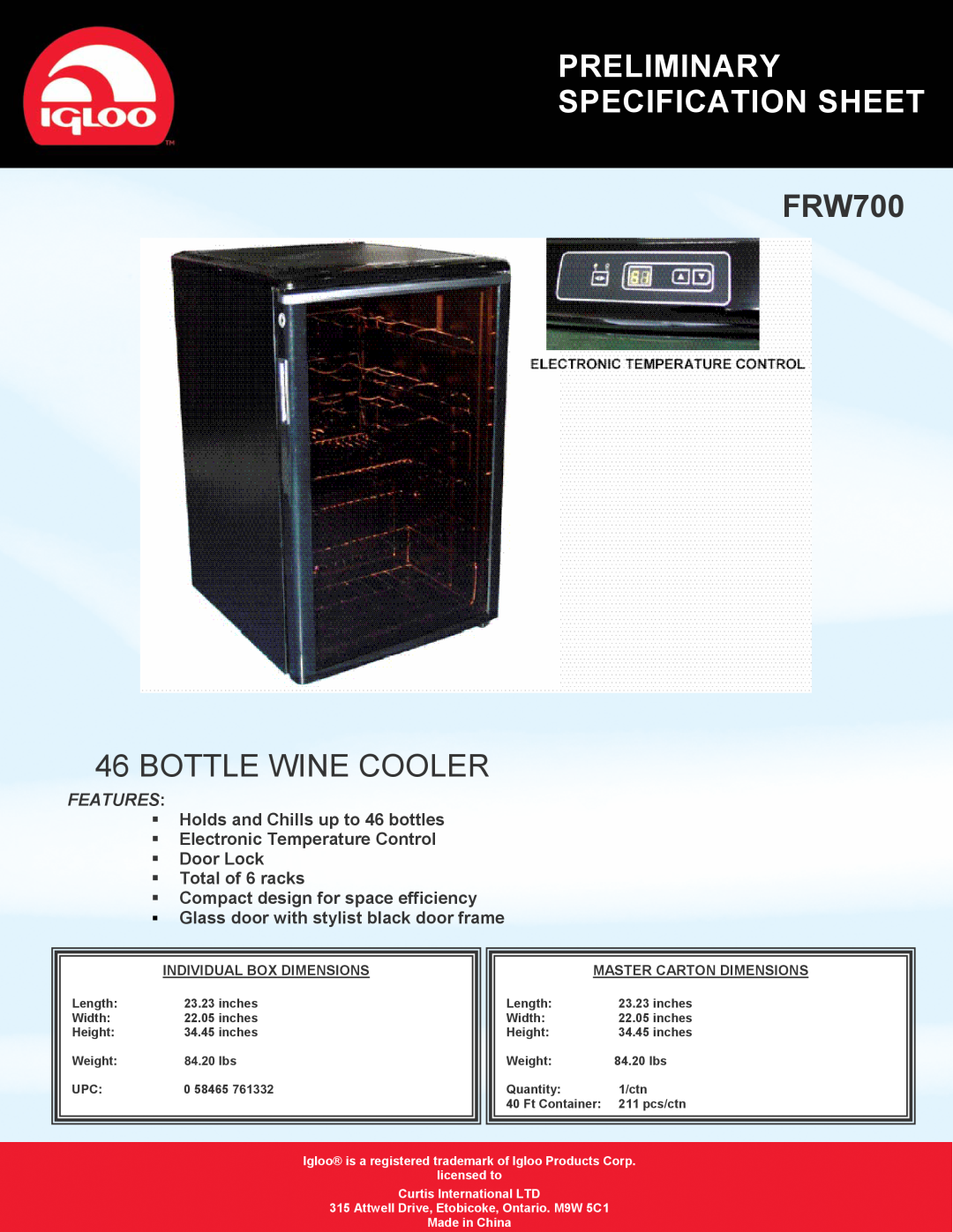 Curtis FRW700 specifications Preliminary Specification Sheet, Bottle Wine Cooler, Features, ƒTotal of 6 racks 