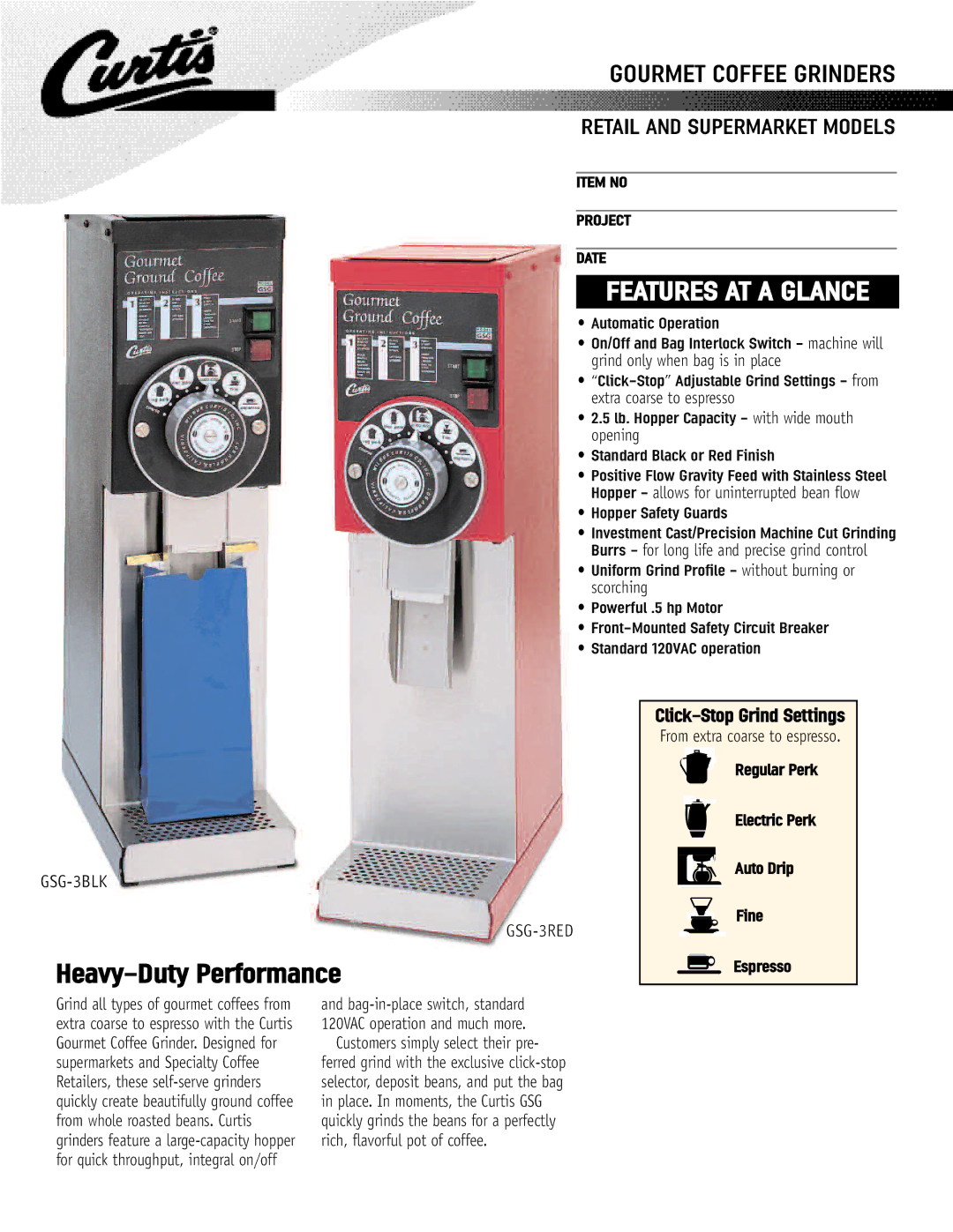 Curtis GSG-3BLK, GSG-3RED manual Heavy-Duty Performance, Features AT a Glance, Click-Stop Grind Settings 