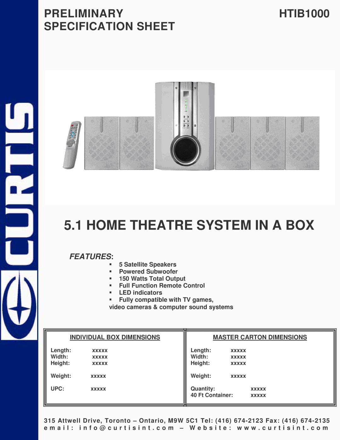 Curtis specifications Home Theatre System In A Box, PRELIMINARYHTIB1000 SPECIFICATION SHEET, Features 