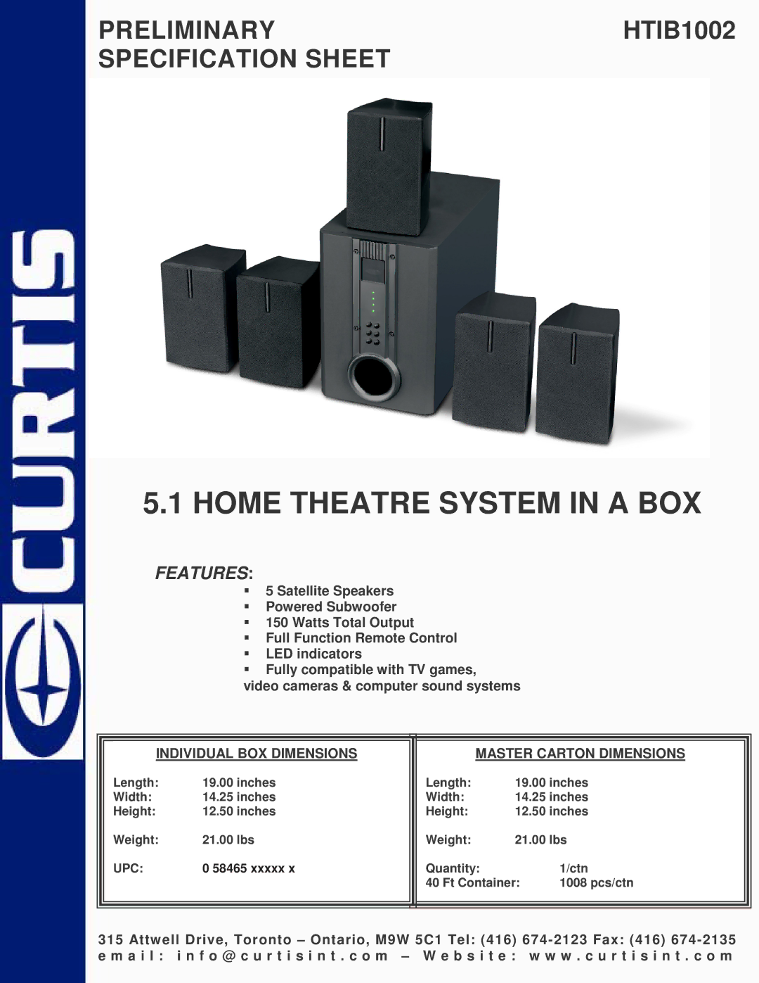 Curtis HTIB1002 specifications Home Theatre System in a BOX, Features, Individual BOX Dimensions Master Carton Dimensions 