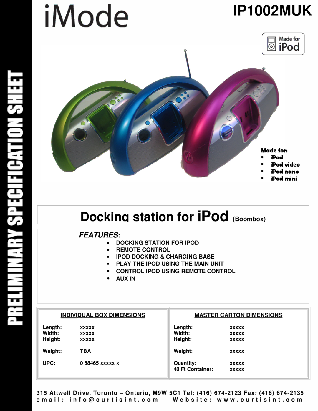 Curtis IP1002MUK dimensions Docking station for iPod Boombox, Features 