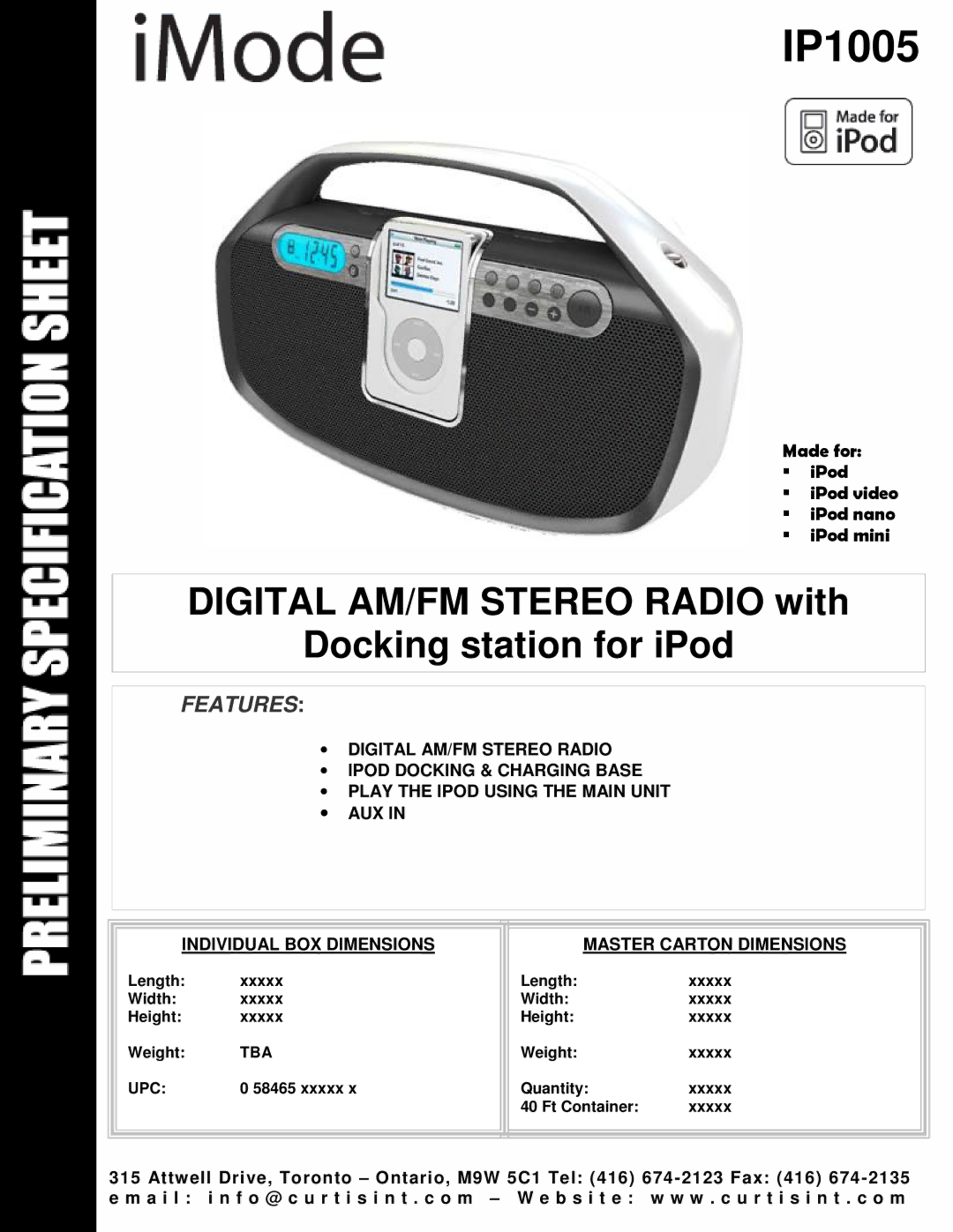 Curtis IP1005 dimensions Digital AM/FM Stereo Radio with Docking station for iPod, Features 