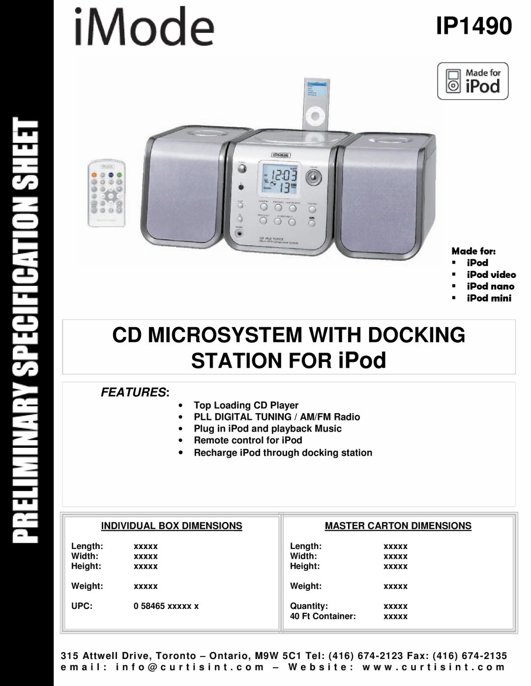 Curtis IP1490 dimensions CD Microsystem with Docking, Station for iPod, Features 