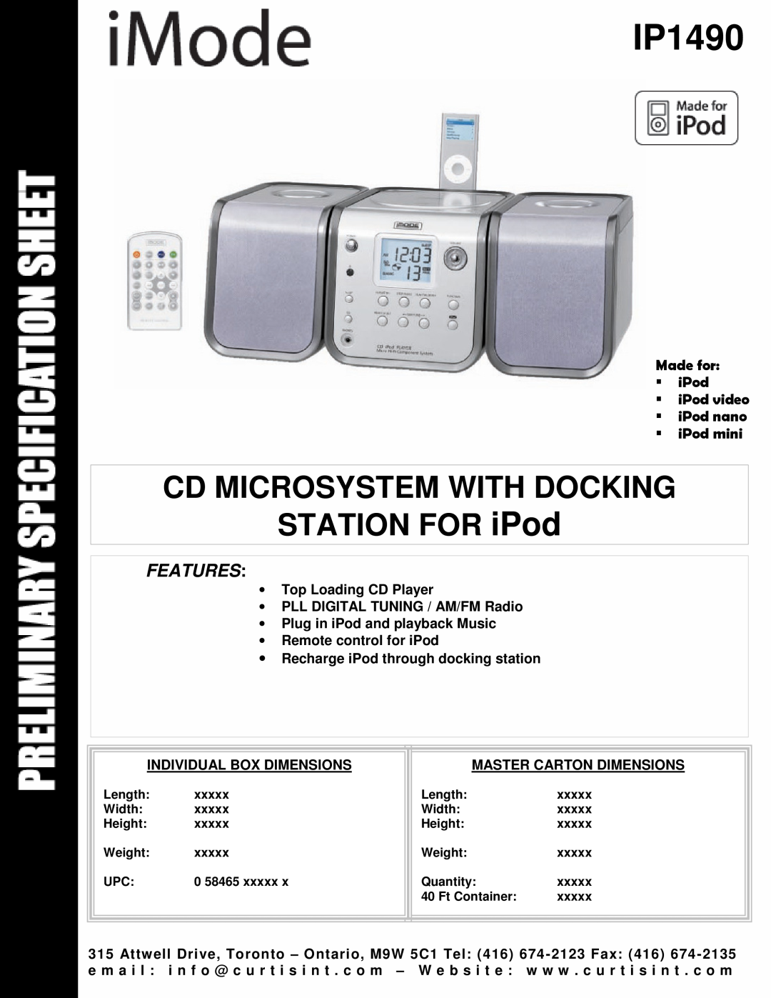 Curtis IP1490 dimensions CD MICROSYSTEM WITH DOCKING STATION FOR iPod, Features 