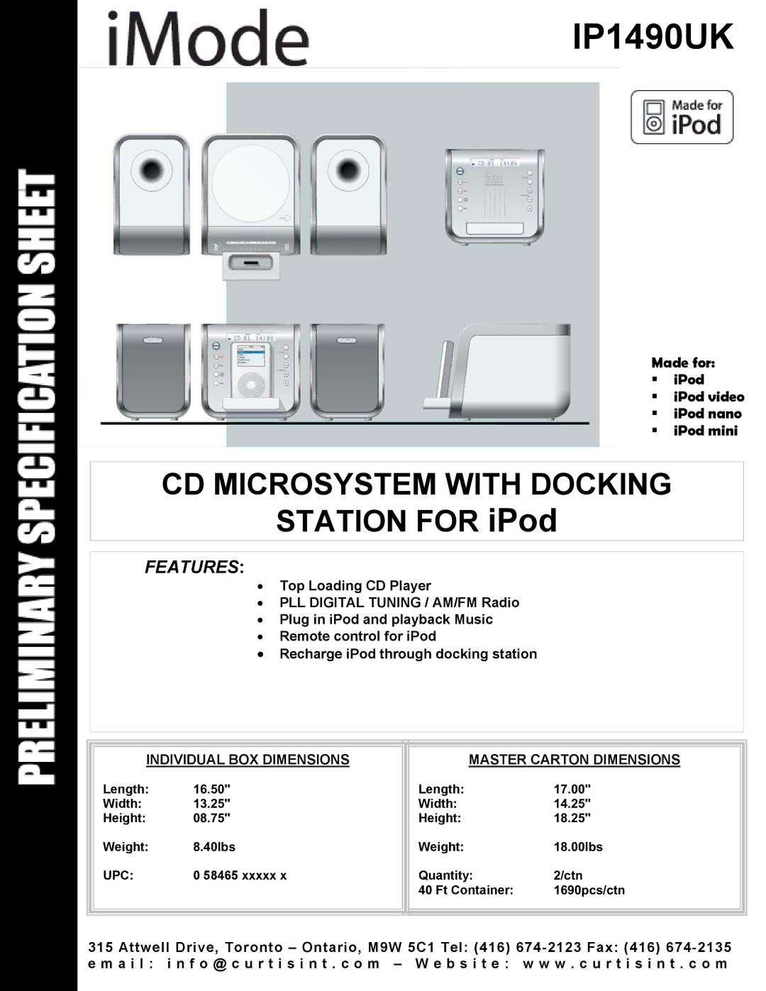 Curtis IP1490UK dimensions CD Microsystem with Docking, Station for iPod, Features 