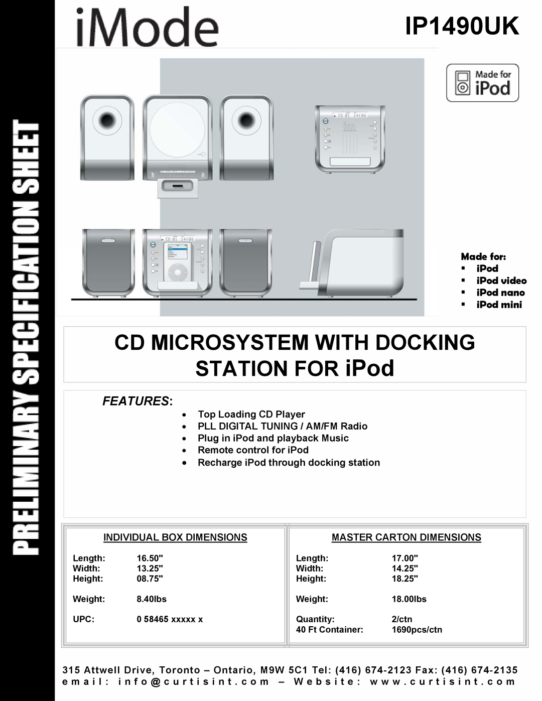 Curtis IP1490UK dimensions CD MICROSYSTEM WITH DOCKING STATION FOR iPod, Features, Made for ƒ iPod 