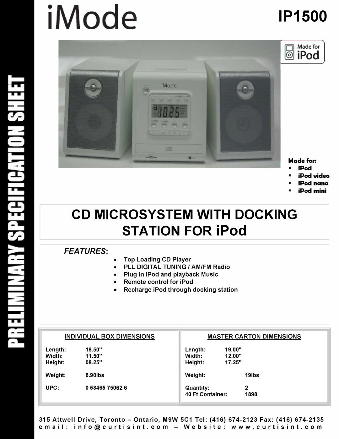 Curtis IP1500 dimensions CD Microsystem with Docking, Station for iPod, Features 