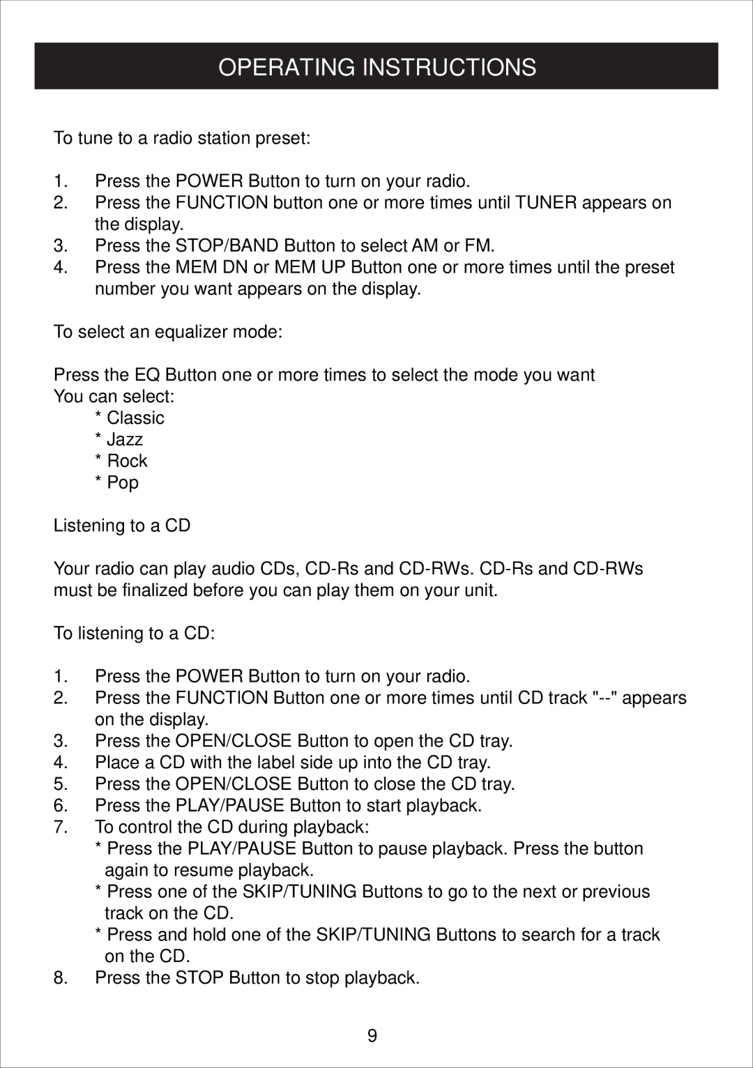 Curtis IP1500UK To tune to a radio station preset, To select an equalizer mode, Listening to a CD, To listening to a CD 