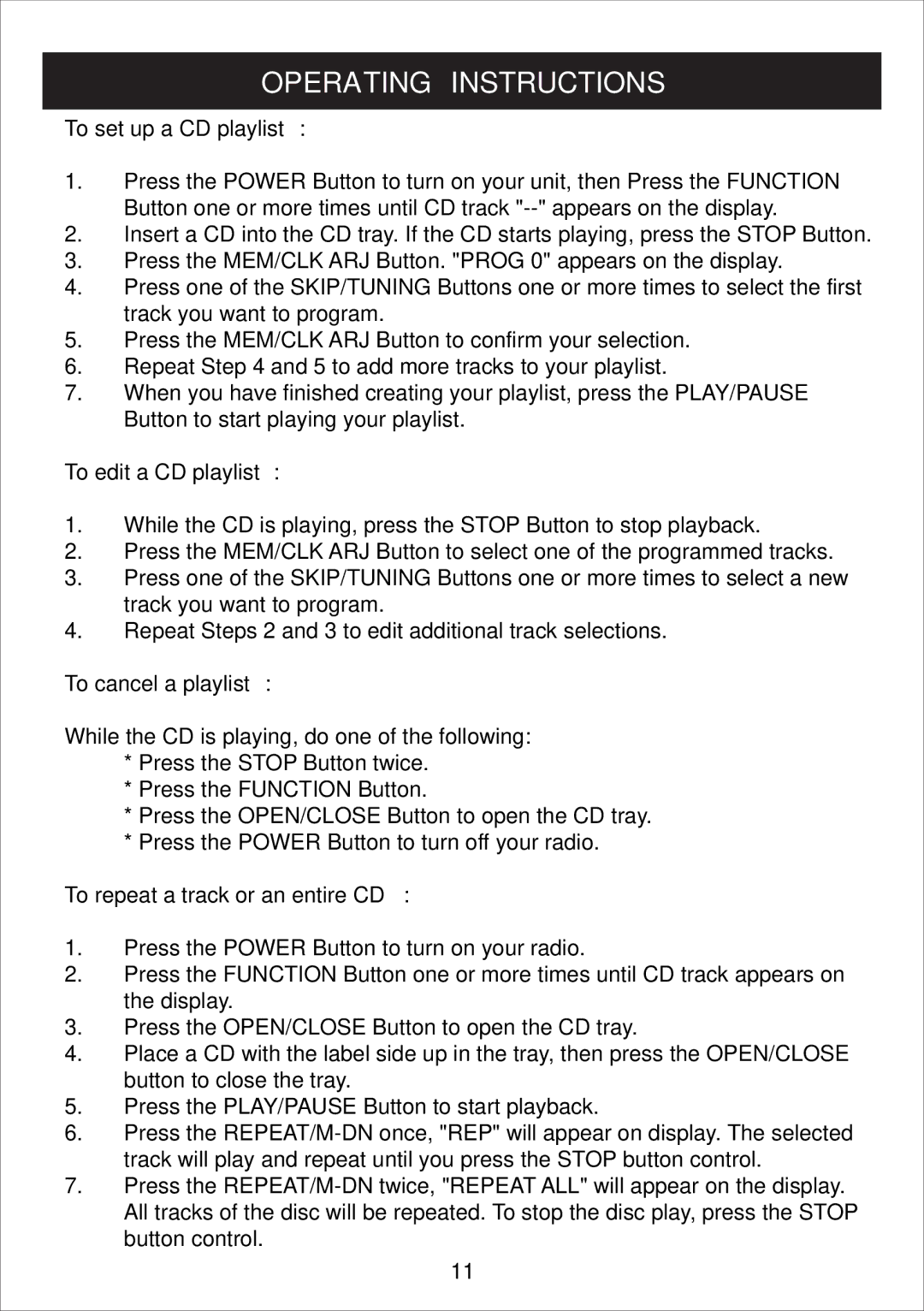 Curtis IP1500UK To set up a CD playlist, To edit a CD playlist, To cancel a playlist, To repeat a track or an entire CD 