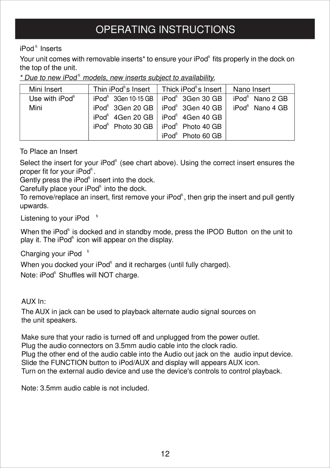 Curtis IP1500UK owner manual IPod Inserts 