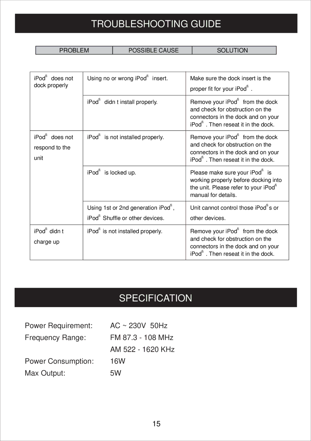 Curtis IP1500UK owner manual Specification, Problem Possible Cause Solution 