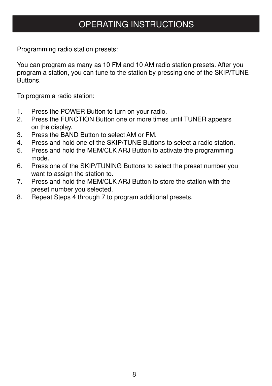 Curtis IP1500UK owner manual Programming radio station presets, To program a radio station 