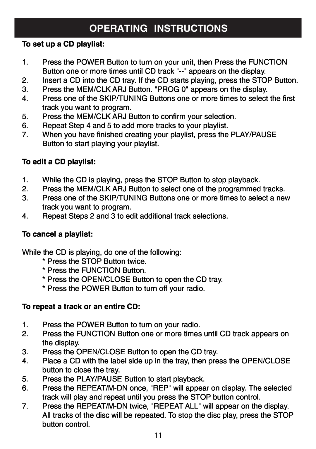 Curtis IP1500UK owner manual Operating Instructions, To set up a CD playlist, To edit a CD playlist, To cancel a playlist 
