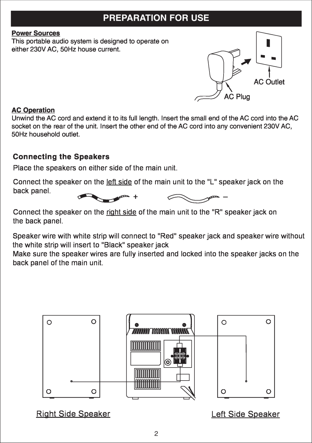Curtis IP1500UK owner manual Preparation For Use, Right Side Speaker, Left Side Speaker, Connecting the Speakers 