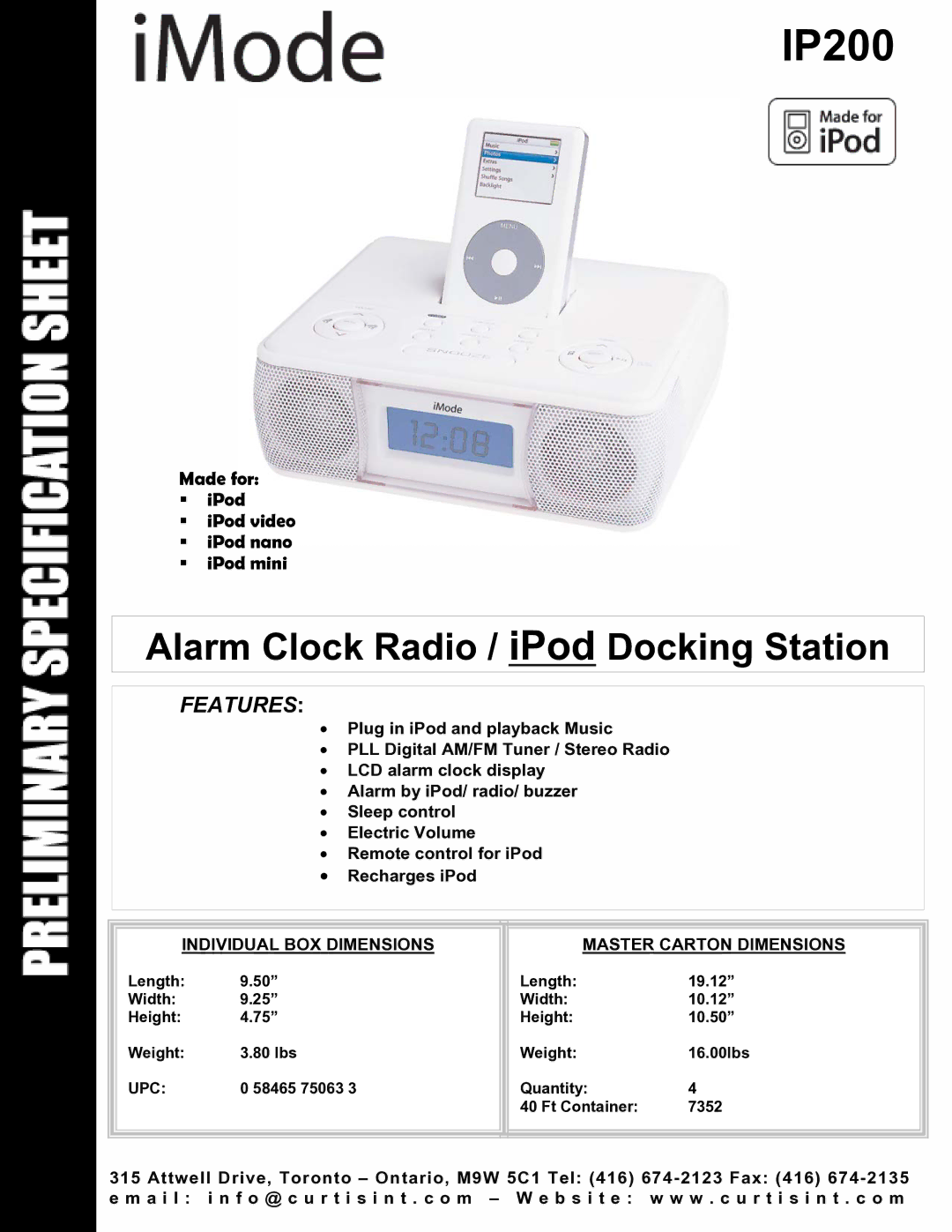 Curtis IP200 dimensions Alarm Clock Radio / iPod Docking Station, Features 