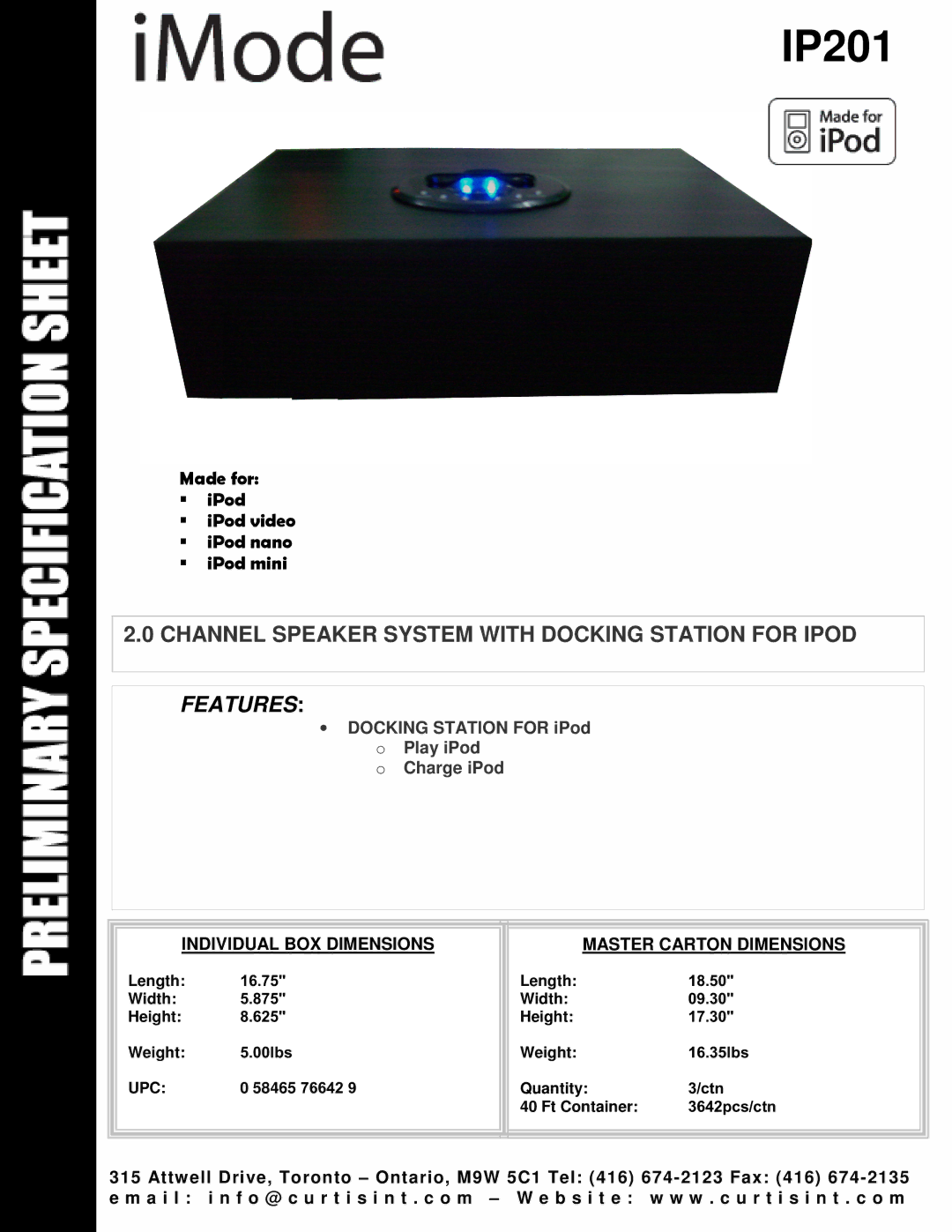 Curtis IP201 dimensions Features, Individual BOX Dimensions Master Carton Dimensions 