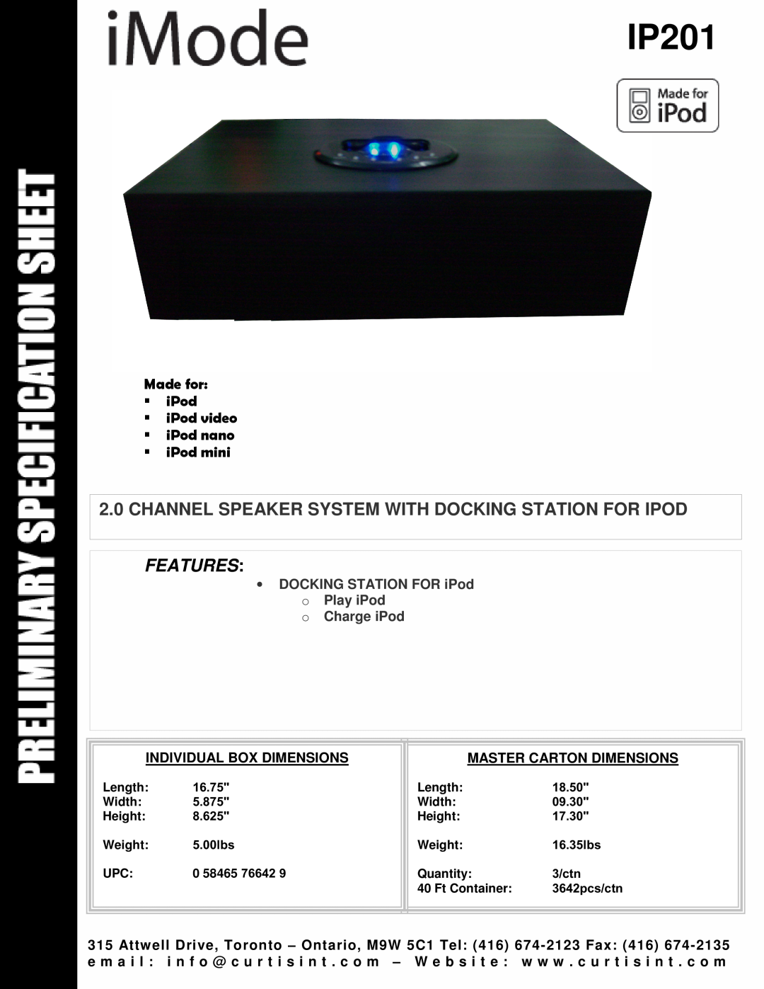 Curtis IP201 dimensions Channel Speaker System With Docking Station For Ipod, Features 
