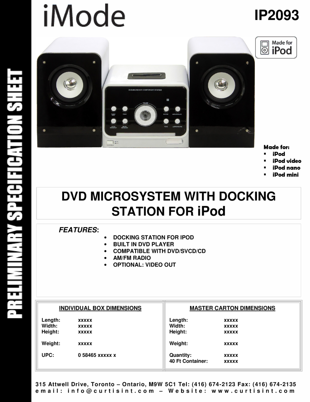 Curtis IP2093 dimensions DVD Microsystem with Docking, Station for iPod, Features 