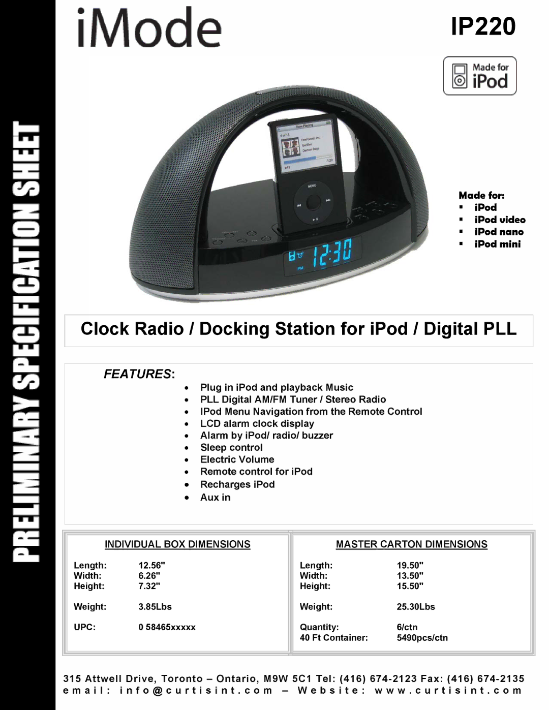 Curtis IP220 dimensions Clock Radio / Docking Station for iPod / Digital PLL, Features 