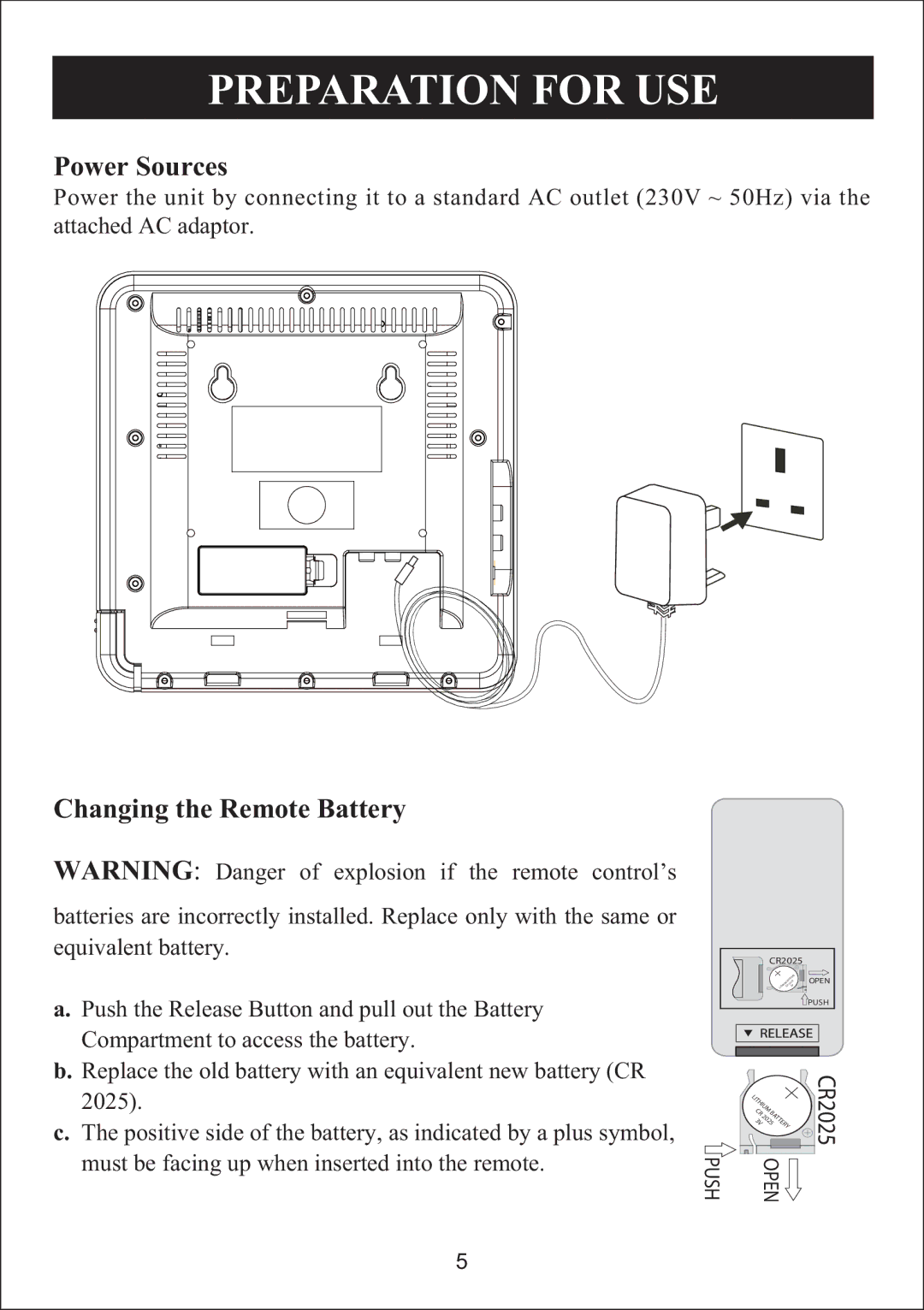 Curtis iP3019UK instruction manual Power Sources, Changing the Remote Battery 