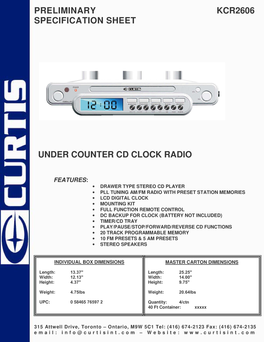 Curtis KCR2606 specifications Features 