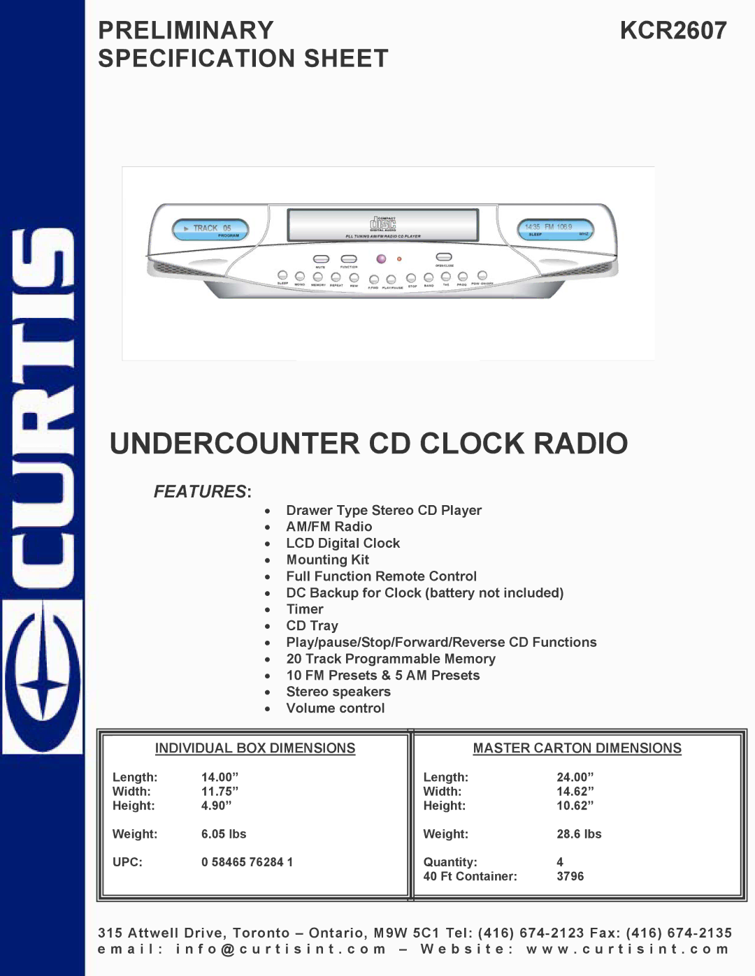 Curtis KCR2607 specifications Undercounter CD Clock Radio, Features, Individual BOX Dimensions Master Carton Dimensions 