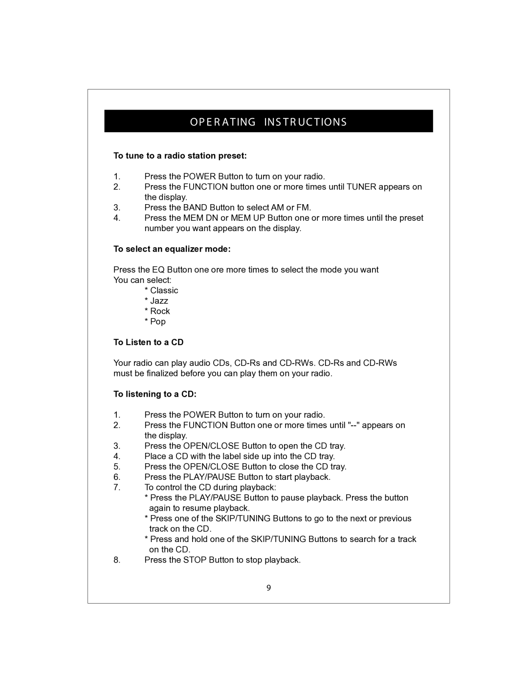 Curtis KCR2609 To tune to a radio station preset, To select an equalizer mode, To Listen to a CD, To listening to a CD 