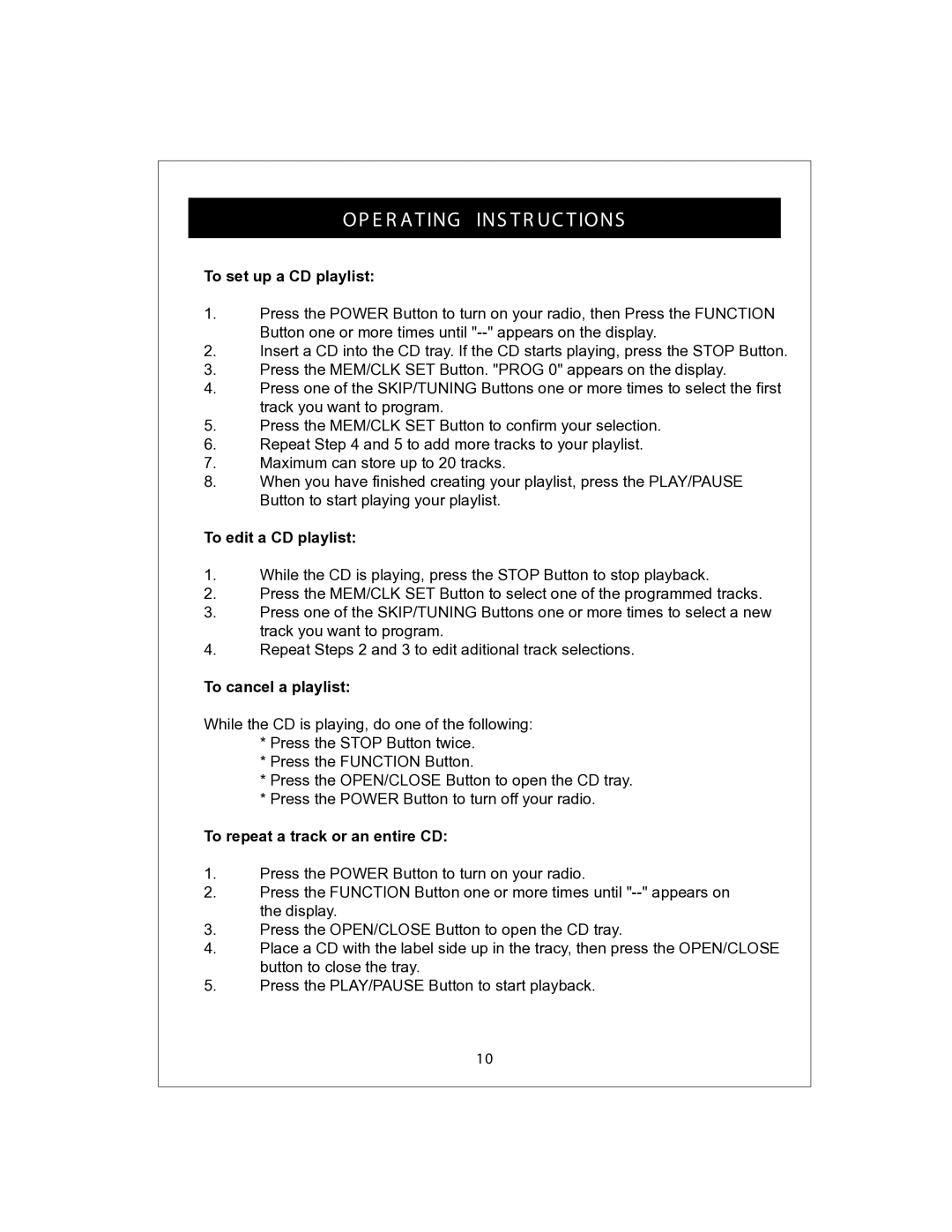 Curtis KCR2609 To set up a CD playlist, To edit a CD playlist, To cancel a playlist, To repeat a track or an entire CD 