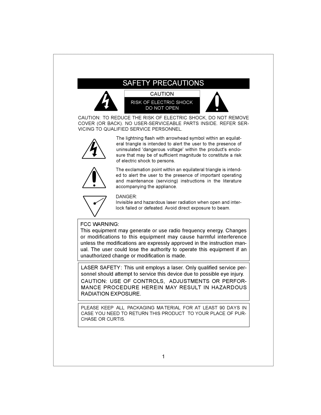 Curtis KCR2609 owner manual Safety Precautions 