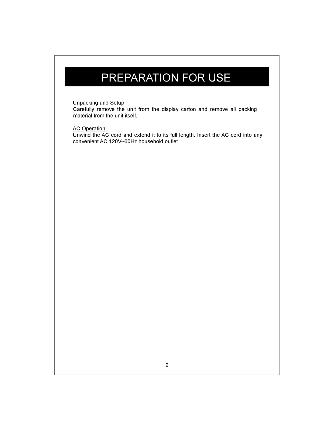 Curtis KCR2609 owner manual Preparation For Use, Unpacking and Setup, AC Operation 