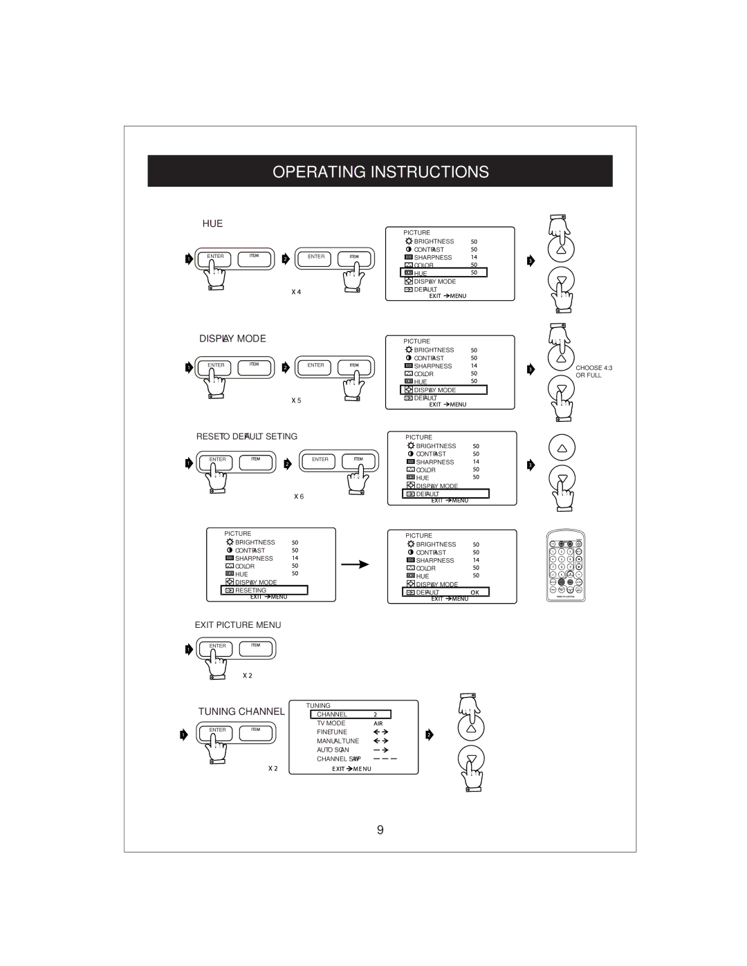 Curtis KCR2610 owner manual Hue, Display Mode, Tuning Channel 