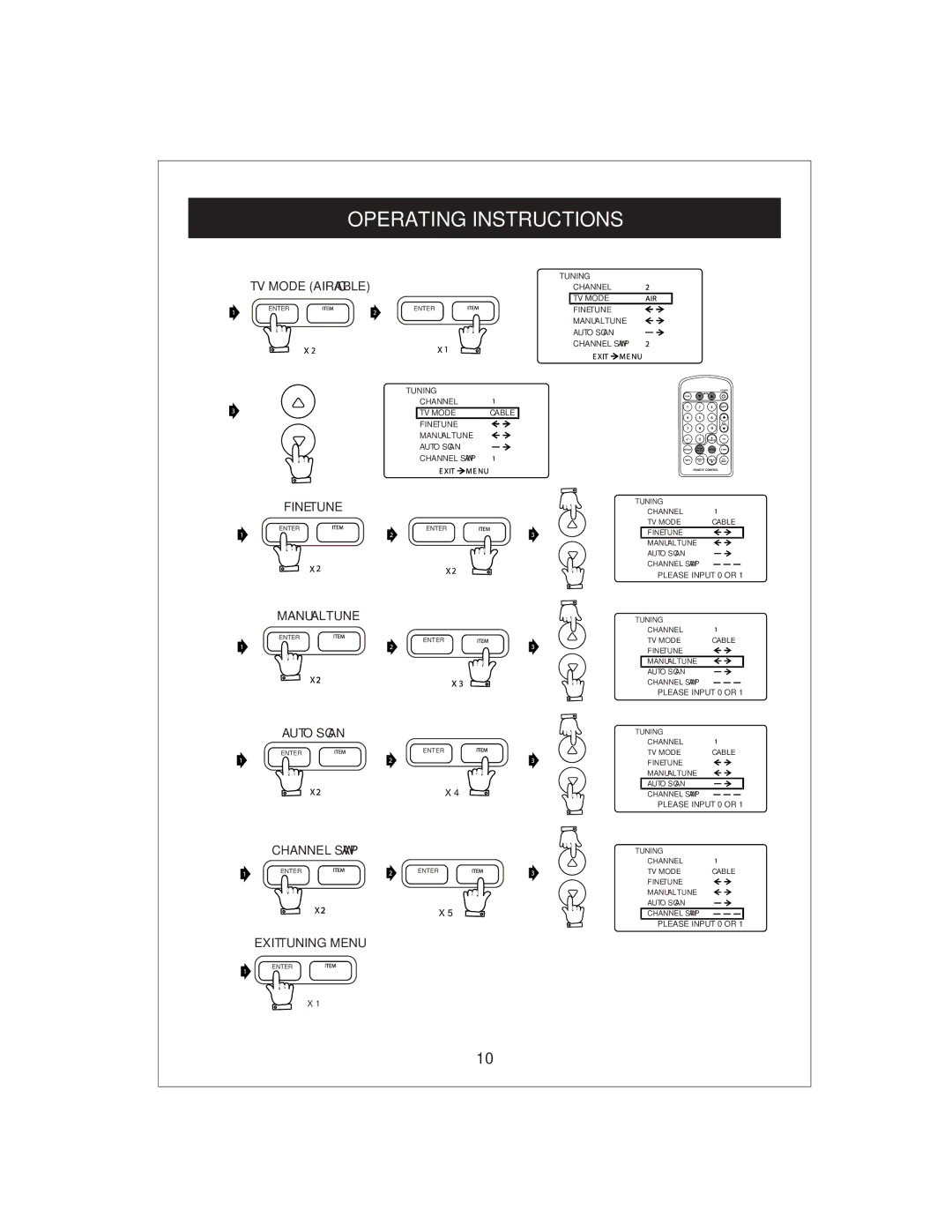 Curtis KCR2610 owner manual TV Mode AIR/CABLE, Fine Tune, Manual Tune, Exit Tuning Menu 