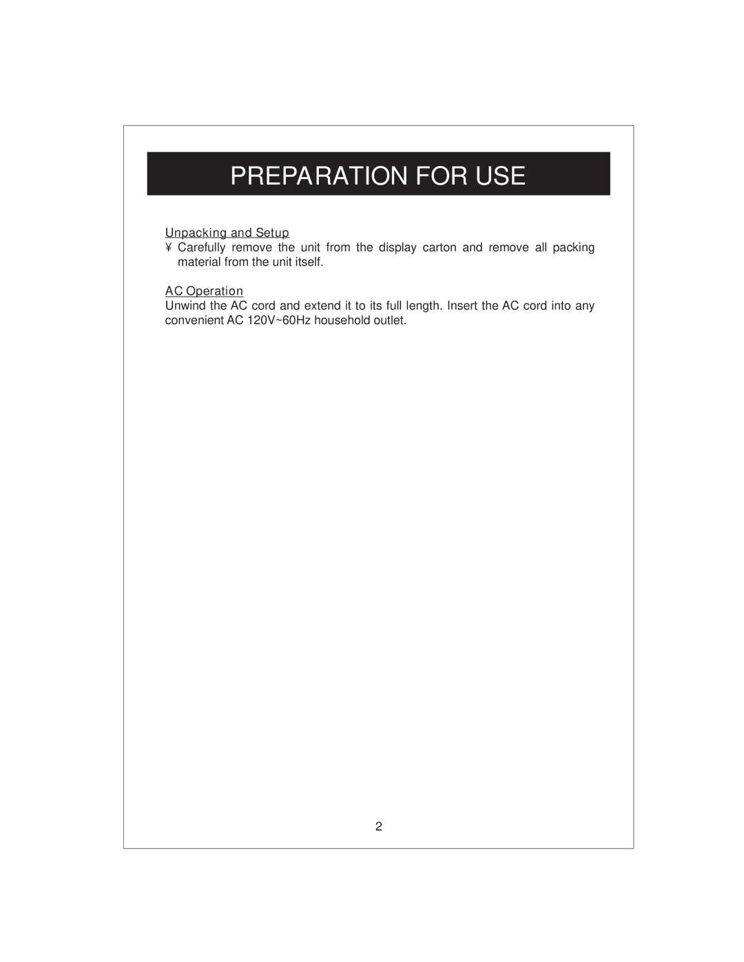 Curtis KCR2610 owner manual Preparation for USE 