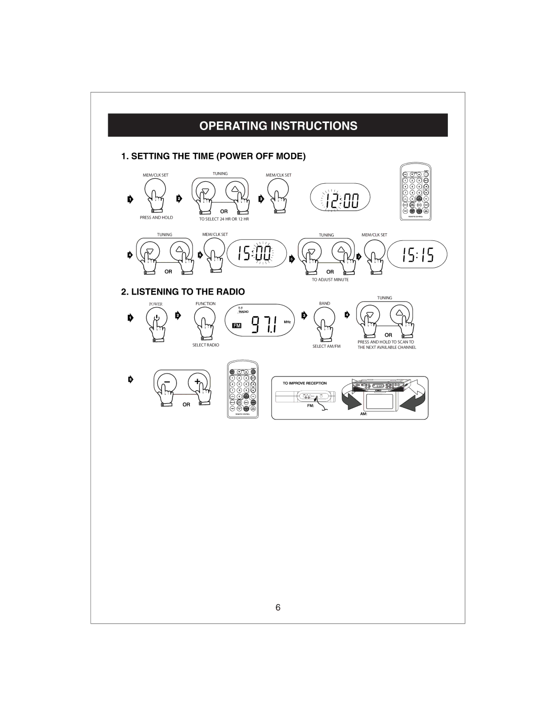 Curtis KCR2610 owner manual Operating Instructions, Setting the Time Power OFF Mode, Listening to the Radio 